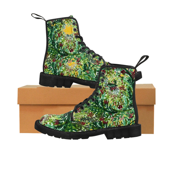Yellow Green Floral Women's Boots, Best Cute Chic Best Flower Printed Elegant Feminine Casual Fashion Gifts, Flower Combat Boots, Designer Women's Winter Lace-up Toe Cap Hiking Boots Shoes For Women (US Size 6.5-11)