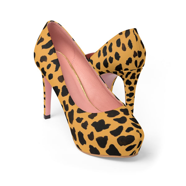 Cheetah Animal Print Women's Heels, Brown Designer Women's 4" Platform Pumps Shoes-4 inch Heels-Heidi Kimura Art LLC