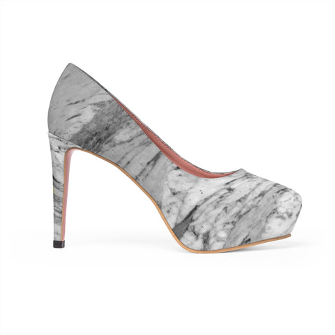 White Gray Marble Print Women's 4" Platform Heels Stiletto Pumps (US Size: 5-11)-4 inch Heels-US 7-Heidi Kimura Art LLC