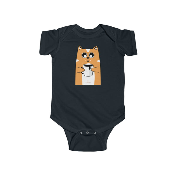 Orange Cat Loves Coffee Infant Fine Jersey Regular Fit Unisex Bodysuit - Made in UK-Infant Short Sleeve Bodysuit-Black-NB-Heidi Kimura Art LLC