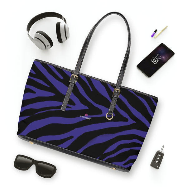 Purple Zebra Tote Bag, Zebra Striped Purple and Black Animal Print PU Leather Shoulder Large Spacious Durable Hand Work Bag 17"x11"/ 16"x10" With Gold-Color Zippers & Buckles & Mobile Phone Slots & Inner Pockets, All Day Large Tote Luxury Best Sleek and Sophisticated Cute Work Shoulder Bag For Women With Outside And Inner Zippers