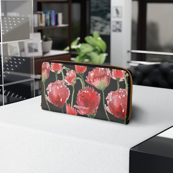 Black Red Tulips Zipper Wallet, Colorful Red Tulips Flower Print Best Long Compact Cruelty Free Faux Leather High Quality Cardholders Wallet For Women, One Size 7.9"x4.3"x.98"