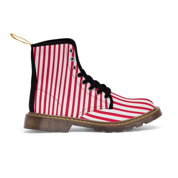 Red Striped Women's Canvas Boots, Best Modern White Red Stripes Winter Boots For Ladies-Shoes-Printify-Heidi Kimura Art LLC Red Striped Women's Canvas Boots, Vertically White Striped Print Designer Women's Winter Lace-up Toe Cap Boots Shoes For Women   (US Size 6.5-11)