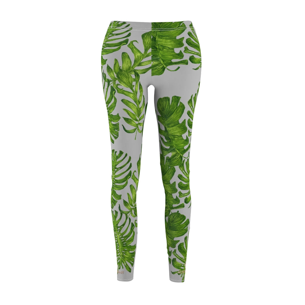Light Gray Tropical Tights, Green Tropical Leaf Print Women's