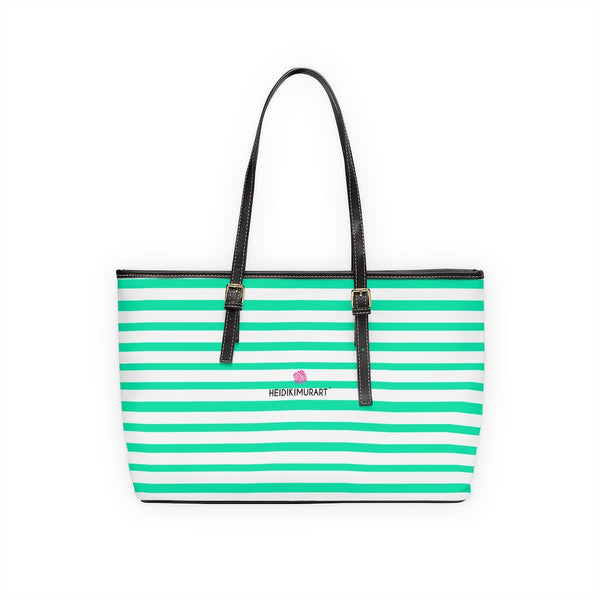 Best Turquoise Stripes Tote Bag, Best Stylish Turquoise and White Striped PU Leather Shoulder Large Spacious Durable Hand Work Bag 17"x11"/ 16"x10" With Gold-Color Zippers & Buckles & Mobile Phone Slots & Inner Pockets, All Day Large Tote Luxury Best Sleek and Sophisticated Cute Work Shoulder Bag For Women With Outside And Inner Zippers