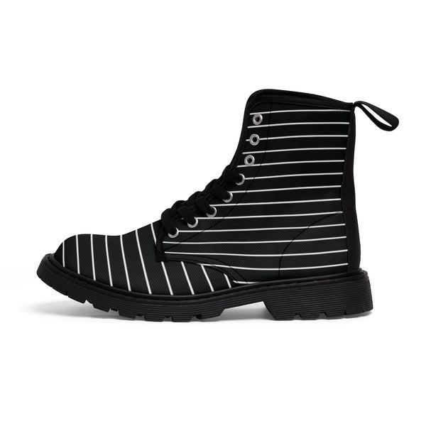 Black Striped Women's Canvas Boots, Modern White Black Stripes Print Winter Boots For Ladies-Shoes-Printify-Heidi Kimura Art LLC