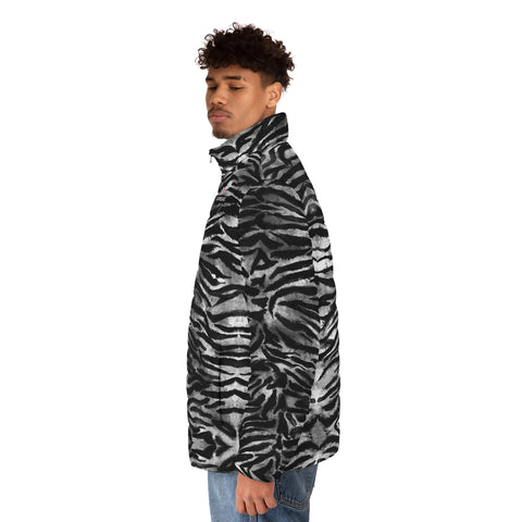 Black Tiger Striped Men's Jacket, Best Animal Print Tiger Stripes Best Fashion Stylish Winter Designer Best Casual Men's Winter Jacket, Best Modern Minimalist Classic Regular Fit Polyester Men's Puffer Jacket With Stand Up Collar (US Size: S-2XL)