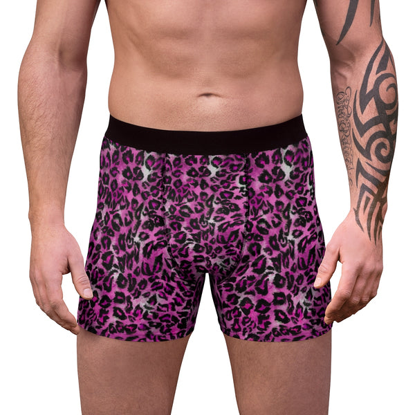 Pink Leopard Print Animal Premium Men's Boxer Briefs Underwear (US Size: XS-3XL)-Men's Underwear-L-Black Seams-Heidi Kimura Art LLC