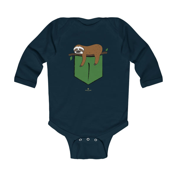 Sloth Animal Print Baby Boy or Girls Infant Kids Long Sleeve Bodysuit - Made in USA-Infant Long Sleeve Bodysuit-Navy-NB-Heidi Kimura Art LLC
