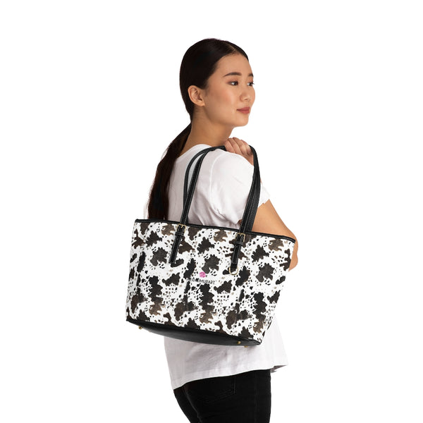 Cow Print Best Tote Bag, Best Stylish Cow Animal Print Fashionable Printed PU Leather Shoulder Large Spacious Durable Hand Work Bag 17"x11"/ 16"x10" With Gold-Color Zippers & Buckles & Mobile Phone Slots & Inner Pockets, All Day Large Tote Luxury Best Sleek and Sophisticated Cute Work Shoulder Bag For Women With Outside And Inner Zippers