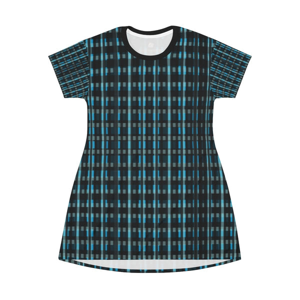 Dark Blue Plaid Tartan Print Designer Crew Neck T-Shirt Dress-Made in USA-T-Shirt Dress-Heidi Kimura Art LLC