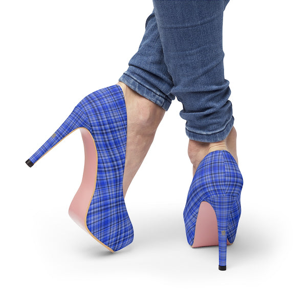 Scottish Blue Tartan Plaid Print Women's Platform Heels Stiletto Pumps (US Size: 5-11)-4 inch Heels-Heidi Kimura Art LLC