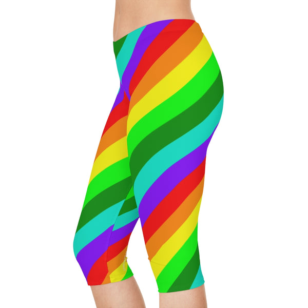 Diagonal Striped Women's Capri Leggings, Knee-Length Polyester Capris Tights-Made in USA (US Size: XS-2XL)