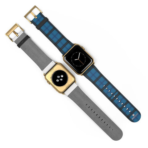 Blue Black Plaid Tartan Print Premium 38mm/42mm Designer Watch Band- Made in USA-Watch Band-Heidi Kimura Art LLC Blue Plaid Apple Watch Band, Blue Black Plaid Tartan Print Pattern 38 mm or 42 mm Premium Best Printed Designer Top Quality Faux Leather Comfortable Elegant Fashionable Smart Watch Band Strap, Suitable for Apple Watch Series 1, 2, 3, 4 and 5 Smart Electronic Devices - Made in USA