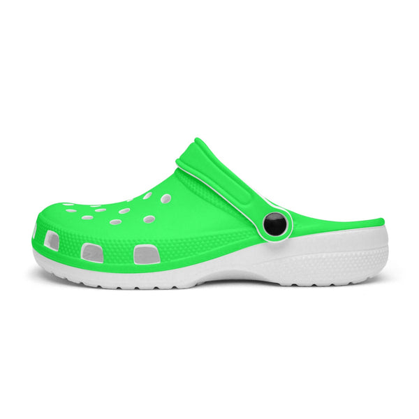 Bright Green Color Unisex Clogs, Best Solid Green Color Classic Solid Color Printed Adult's Lightweight Anti-Slip Unisex Extra Comfy Soft Breathable Supportive Clogs Flip Flop Pool Water Beach Slippers Sandals Shoes For Men or Women, Men's US Size: 3.5-12, Women's US Size: 4-12