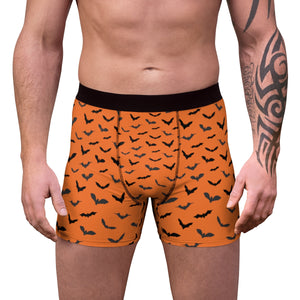 Black Orange Halloween Flying Bats Designer Gay Men's Boxer Briefs (US Size: XS-3XL)-Men's Underwear-L-Black Seams-Heidi Kimura Art LLC