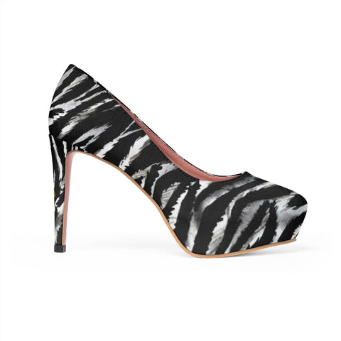 Cool Zebra Black White Stripe Animal Print Women's Platform Heels Pumps Shoes-4 inch Heels-US 7-Heidi Kimura Art LLC