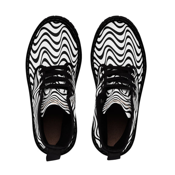 Wavy Print Men's Boots, Black White Best Hiking Winter Boots Laced Up Shoes For Men-Men's Boots-Printify-ArtsAdd-Heidi Kimura Art LLC