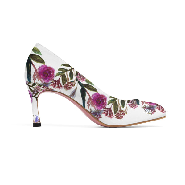 White Floral Garden Purple Pink Rose Designer Women's High Heels Canvas Shoes-3 inch Heels-Heidi Kimura Art LLC