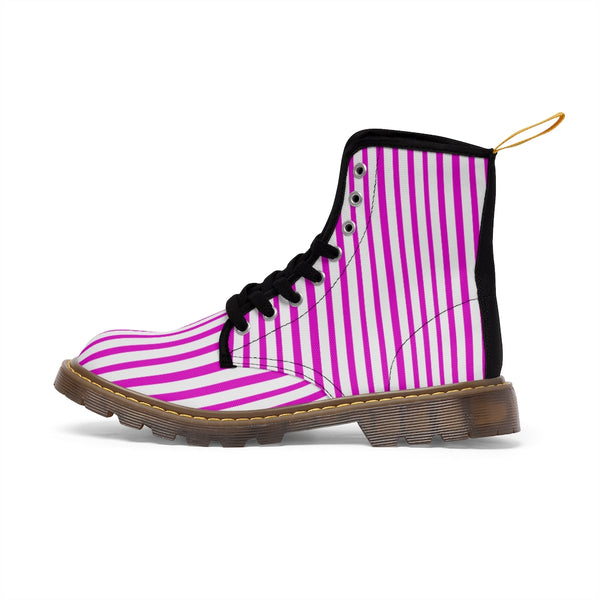 Pink Striped Women's Canvas Boots, Best Hot Pink White Stripes Winter Boots For Ladies-Shoes-Printify-Heidi Kimura Art LLC Pink Striped Women's Canvas Boots, Vertically White Striped Print Designer Women's Winter Lace-up Toe Cap Boots Shoes For Women   (US Size 6.5-11)