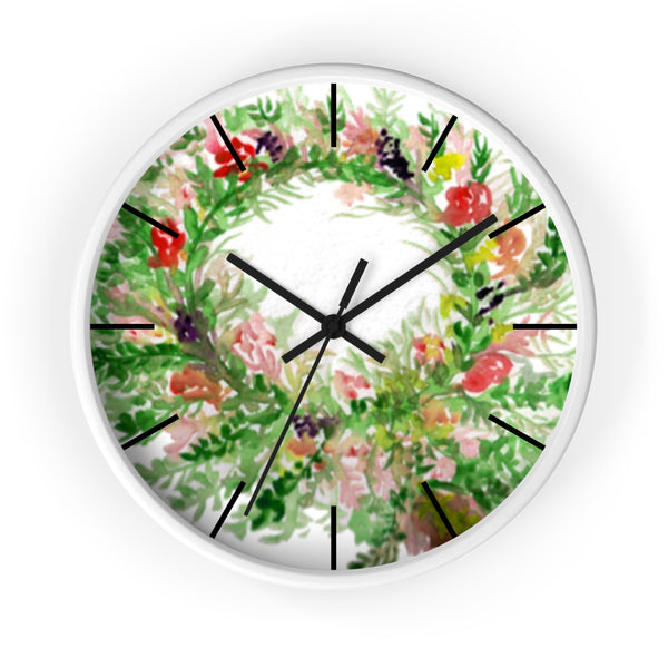 Spring Floral Wreath Print Chic Unique 10 inch Diameter Wall Clock - Made in USA-Wall Clock-White-Black-Heidi Kimura Art LLC