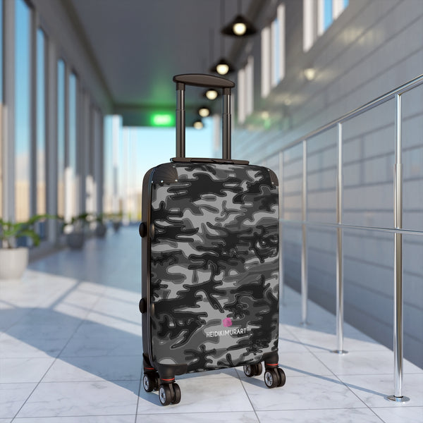 Grey Camo Cabin Suitcase, Camorlauged Army Military Print Carry On Polycarbonate Front and Hard-Shell Durable Small 1-Size Carry-on Luggage With 2 Inner Pockets & Built in Lock With 4 Wheel 360° Swivel and Adjustable Telescopic Handle - Made in USA/UK (Size: 13.3" x 22.4" x 9.05", Weight: 7.5 lb) Unique Cute Carry-On Best Personal Travel Bag Custom Luggage - Gift For Him or Her 