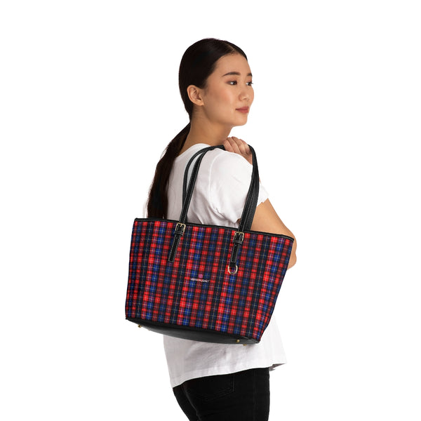 Red Plaid Print Tote Bag, PU Leather Shoulder Hand Work Bag