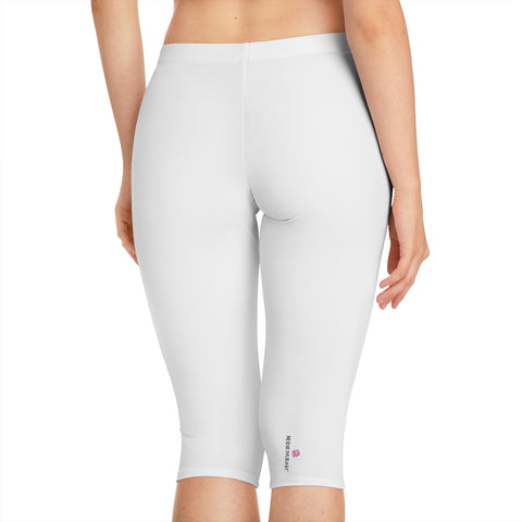 White Color Women's Capri Leggings, Modern Essential Solid Color American-Made Best Designer Premium Quality Knee-Length Mid-Waist Fit Knee-Length Polyester Capris Tights-Made in USA (US Size: XS-3XL) Plus Size Available