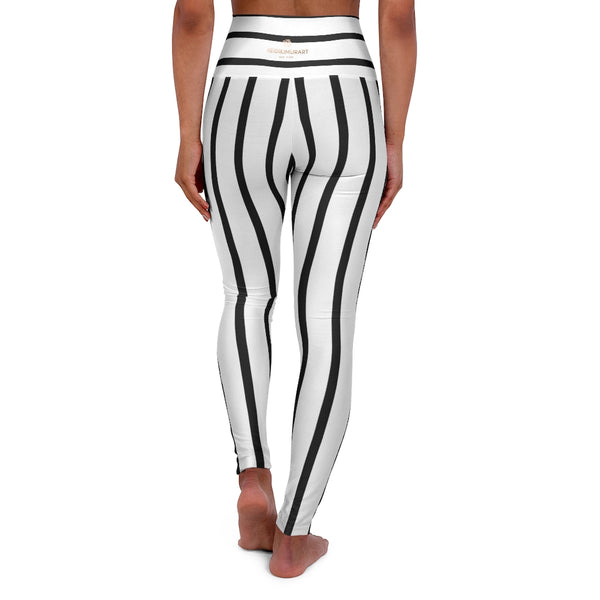 Striped High Waisted Yoga Leggings, Black White Stripes Women's Tights-All Over Prints-Printify-Heidi Kimura Art LLC