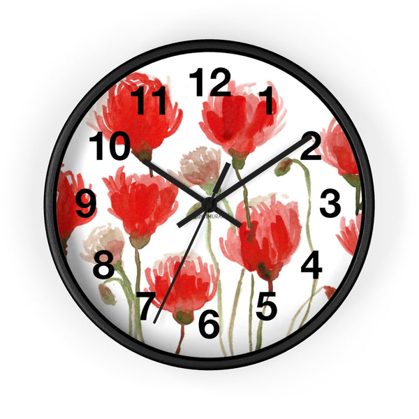 Red Poppy Floral Wall Clock,  Best Numeric Floral 10 inch Diameter Flower Wall Clock-Made in USA, Large Round Wood Girl Children Bedroom Wall Clock