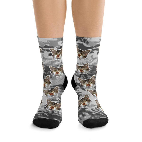 Gray Camo Cat Print Socks, Luxury Army Print Unisex One-Size Knit Socks- Made in USA-Socks-One size-Heidi Kimura Art LLC