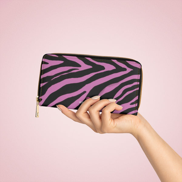 Pink Zebra Print Wallet, Best Zebra Striped Animal Print Best 7.87" x 4.33" Luxury Cruelty-Free Faux Leather Women's Wallet & Purses Compact High Quality Nylon Zip & Metal Hardware, Luxury Long Wallet Card Cases For Women