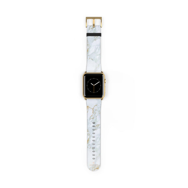 White Marble Print 38mm/42mm Premium Watch Band For Apple Watch- Made in USA-Watch Band-42 mm-Gold Matte-Heidi Kimura Art LLC