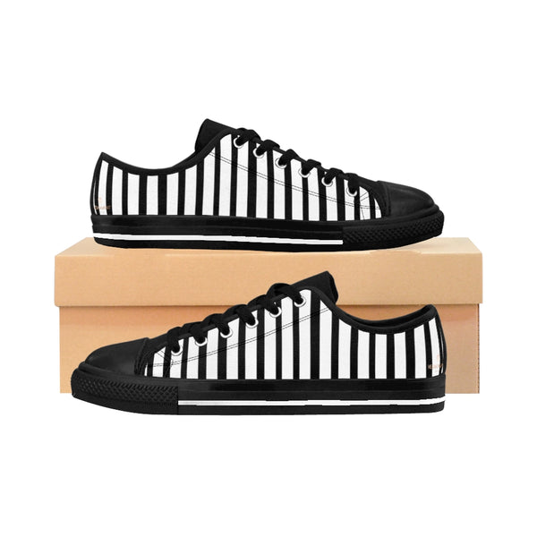 Black White Striped Women's Sneakers, Modern Low Top Running Shoes-Shoes-Printify-US 12-Black-Heidi Kimura Art LLC