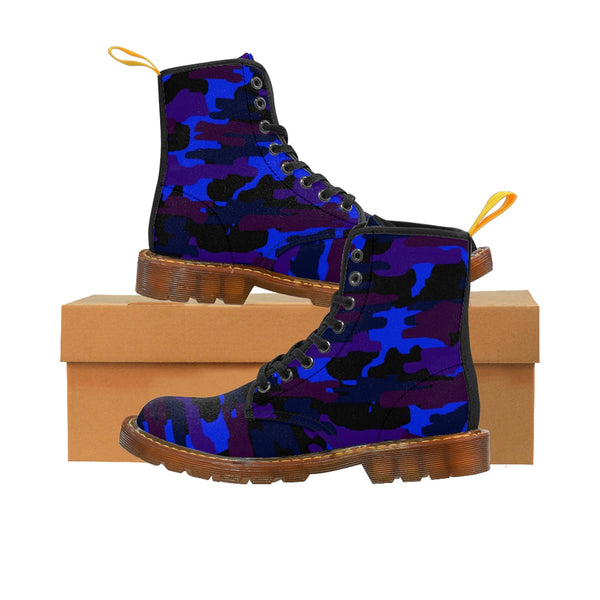 Blue Purple Camouflage Military Army Print Men's Canvas Winter Laced Up Boots-Men's Boots-Brown-US 8-Heidi Kimura Art LLC
