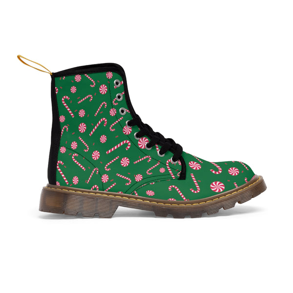 Green Christmas Women's Canvas Boots, Red Candy Cane Print Winter Boots For Women (US Size 6.5-11)