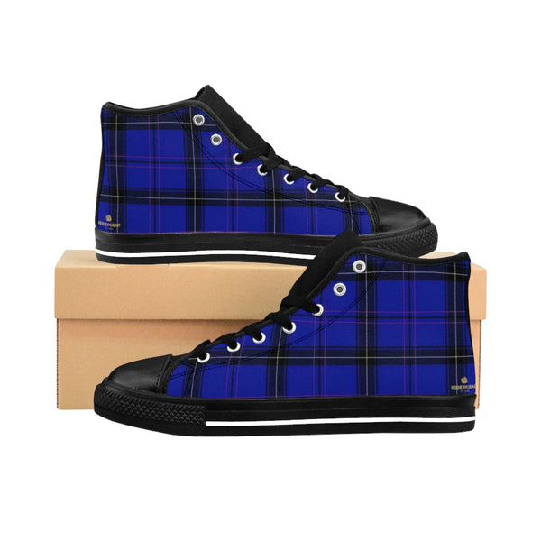 Blue Tartan Scottish Plaid Printed Premium Men's High-top Fashion Sneakers Shoes-Men's High Top Sneakers-Heidi Kimura Art LLC