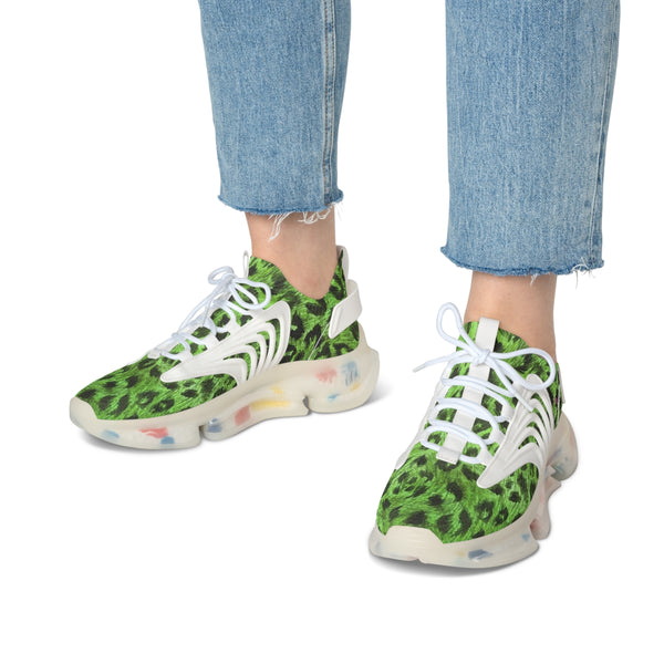 Women's Green Leopard Mesh Sneakers, Leopard Animal Print Mesh Sneakers