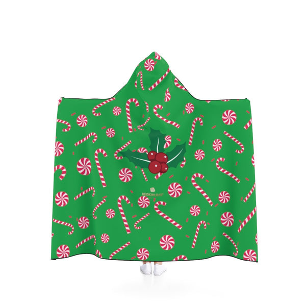 Green Cozy Christmas Red Sugar Cane 50"x40", 80"x56" Holiday Party Hooded Blanket-Hooded Blanket-50x40-Heidi Kimura Art LLC