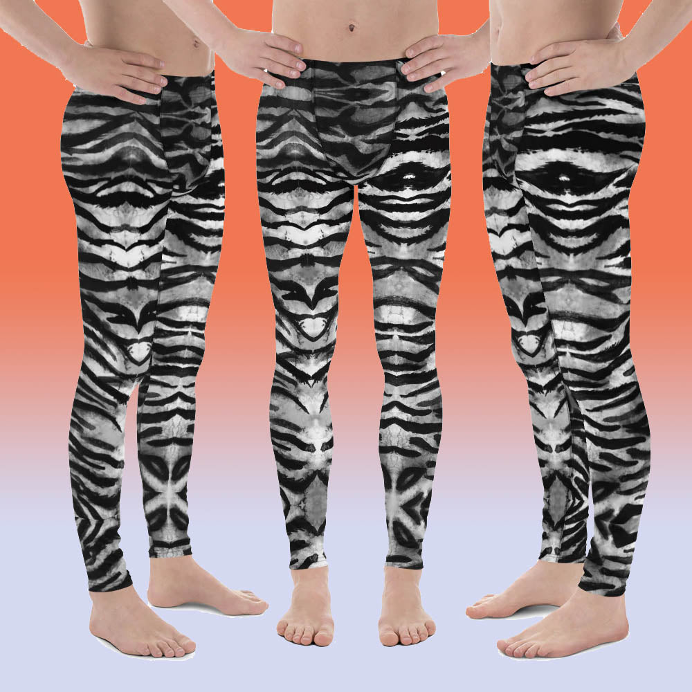 Grey Tiger Stripe Men's Leggings, Animal Print Meggings Compression Tights-Made  in USA/EU