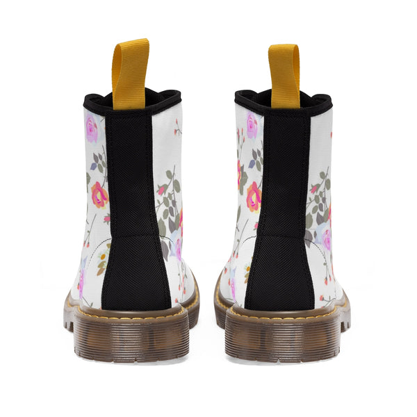 White Floral Print Designer Vintage Style Women's Canvas Winter Boots(Size: 6.5-11)-Women's Boots-Heidi Kimura Art LLC