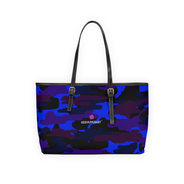 Purple Camo Print Tote Bag, Best Stylish Purple Blue Camouflage Military Army Printed PU Leather Shoulder Large Spacious Durable Hand Work Bag 17"x11"/ 16"x10" With Gold-Color Zippers & Buckles & Mobile Phone Slots & Inner Pockets, All Day Large Tote Luxury Best Sleek and Sophisticated Cute Work Shoulder Bag For Women With Outside And Inner Zippers