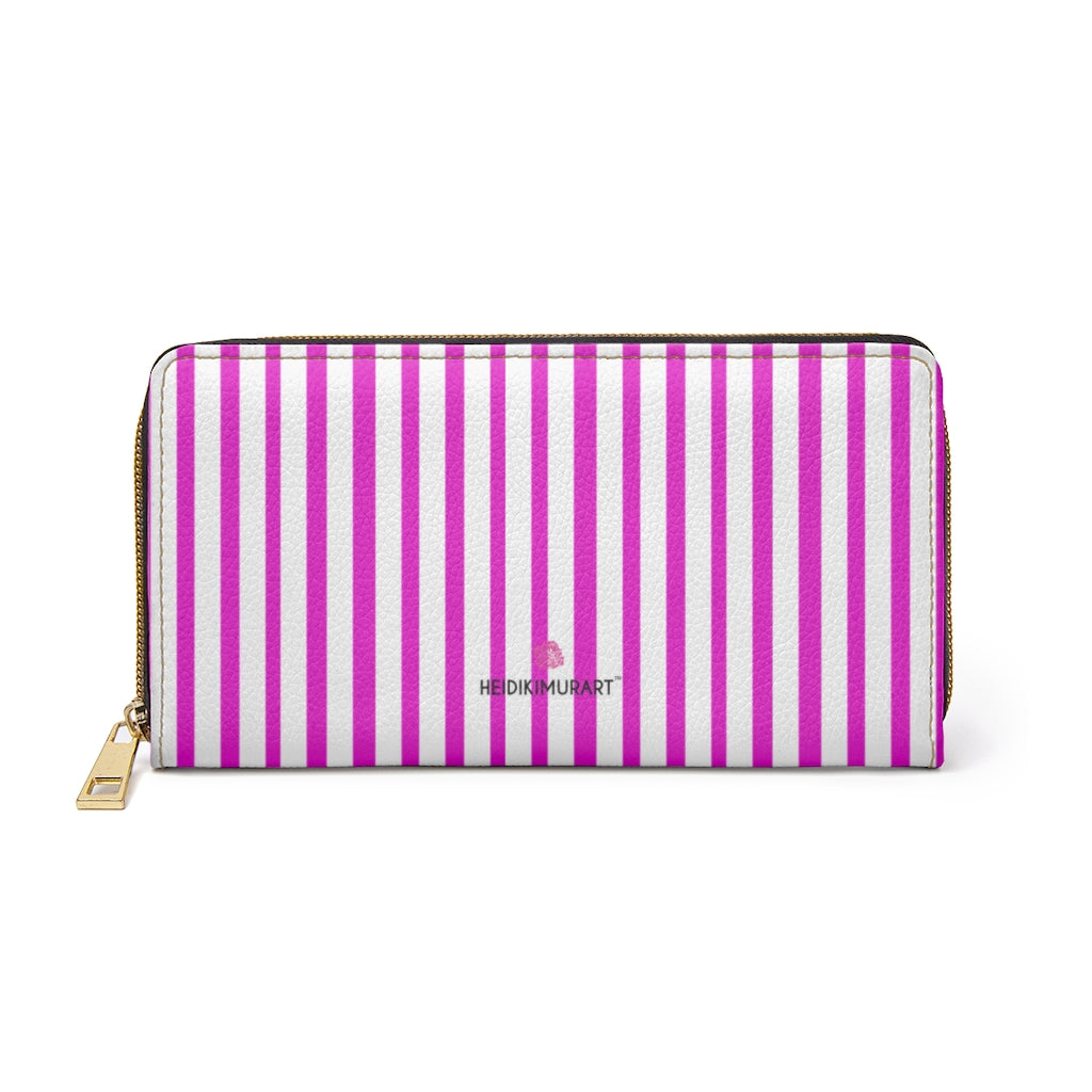 Pink Striped Women's Zipper Wallet, Vertical Stripes Print Best 7.87" x 4.33" Luxury Cruelty-Free Faux Leather Women's Wallet & Purses Compact High Quality Nylon Zip & Metal Hardware, Luxury Long Wallet Card Cases For Women