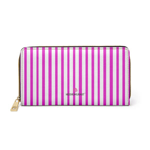 Pink Striped Women's Zipper Wallet, Vertical Stripes Print Best 7.87" x 4.33" Luxury Cruelty-Free Faux Leather Women's Wallet & Purses Compact High Quality Nylon Zip & Metal Hardware, Luxury Long Wallet Card Cases For Women