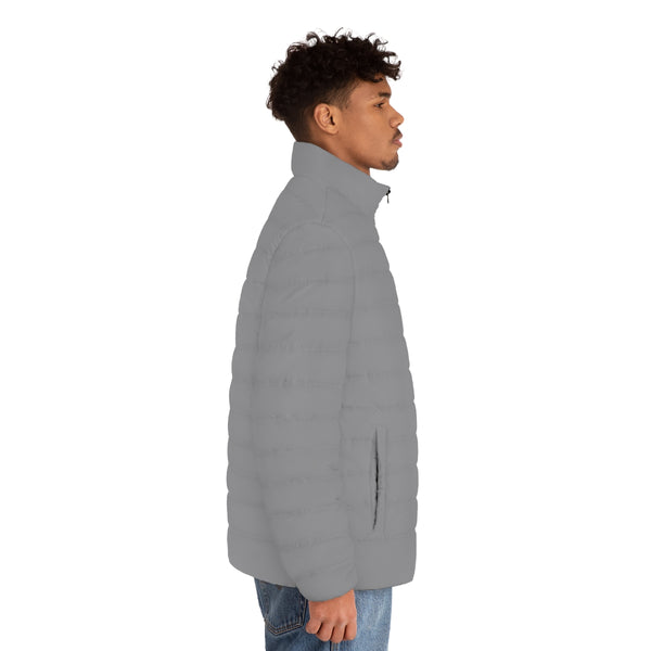 Ash Grey Solid Color Men's Jacket, Best Regular Fit Polyester Men's Puffer Jacket With Stand Up Collar (US Size: S-2XL)