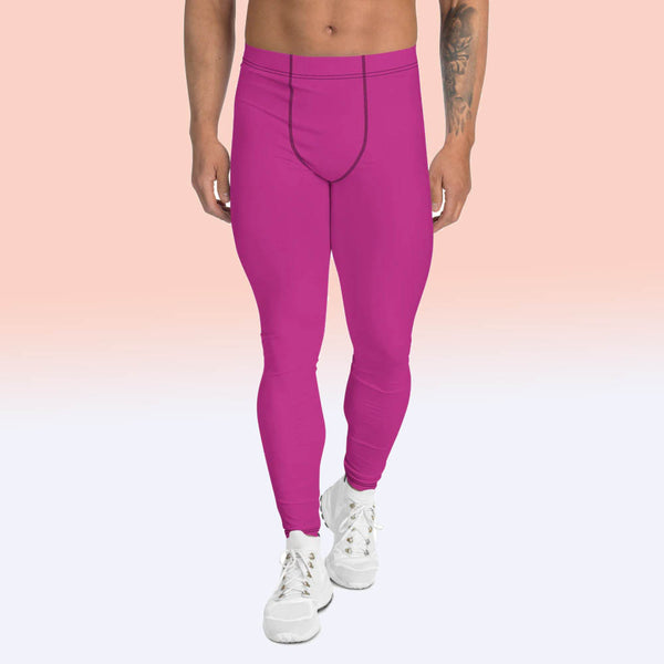 Hot Pink Men's Leggings, Bright Pink Soft Sexy Solid Color Designer Best Soft Meggings Men's Workout Gym Tights Leggings, Men's Compression Tights Pants - Made in USA/ EU/ MX (US Size: XS-3XL) 