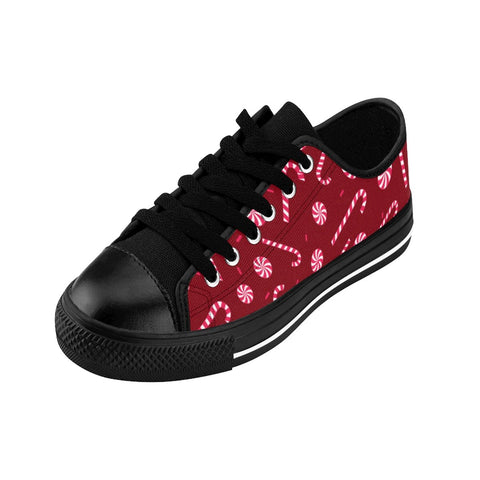 Burgundy Red White Candy Cane Christmas Print Men's Low Top Sneakers Tennis Shoes-Men's Low Top Sneakers-Heidi Kimura Art LLC Burgundy Christmas Men's Sneakers, Burgundy Red Candy Cane Christmas Holiday Print Men's Low Top Nylon Canvas Sneakers Fashion Running Tennis Shoes (US Size: 7-14)