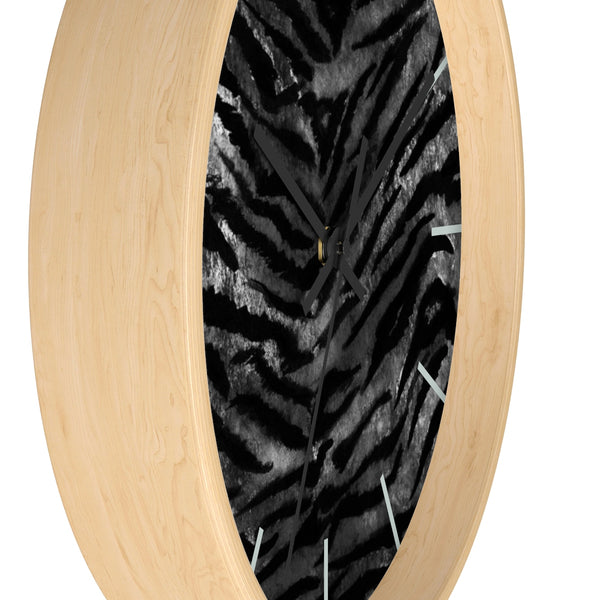 Black Tiger Stripe Wall Clock, Tiger Faux Fur Pattern Print 10" Dia. Walll Clock - Made in USA-Wall Clock-Heidi Kimura Art LLC