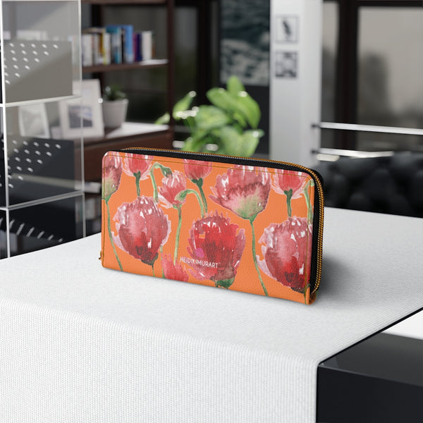 Orange Red Tulips Zipper Wallet, Colorful Red Tulips Flower Print Best Long Compact Cruelty Free Faux Leather High Quality Cardholders Wallet For Women, One Size 7.9"x4.3"x.98"
