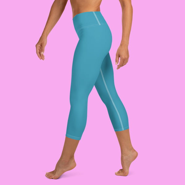 Teal Blue Solid Color Bridesmaid Premium Yoga Capri Leggings-Made in USA-Capri Yoga Pants-Heidi Kimura Art LLC